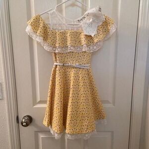 Knitworks Yellow Floral Daisy Lace Skater Dress Belted Hair Bow Girls Size 8 NEW